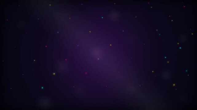 Cosmic background features dark purple space filled with scattered bright stars and glowing nebulous light.