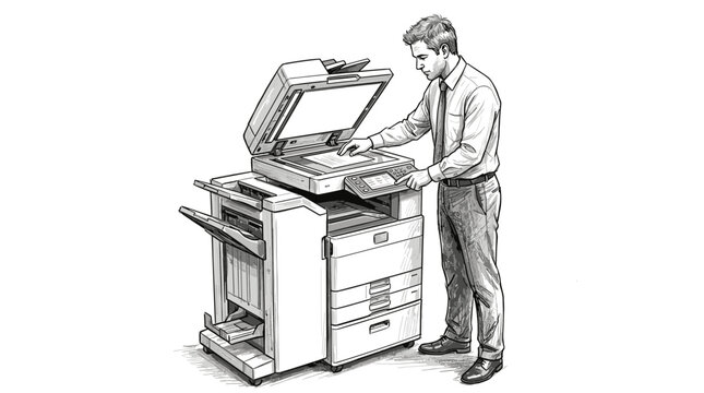 Businessman using large office photocopier to scan documents