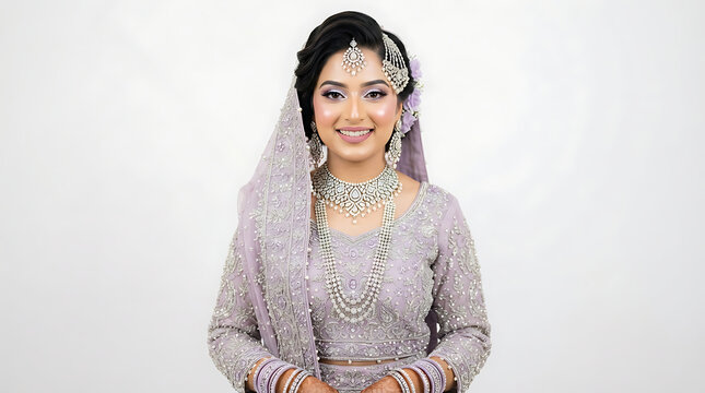 Stunning Indian bride with glamorous bridal makeup posing against a white background in a studio wearing traditional ethnic lilac attire.
