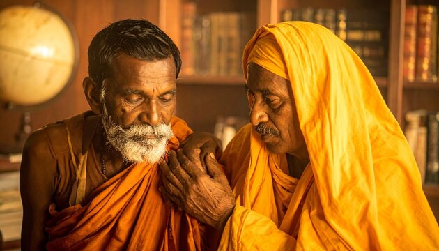 Two Buddhist monks in saffron robes sharing a moment of reflection
