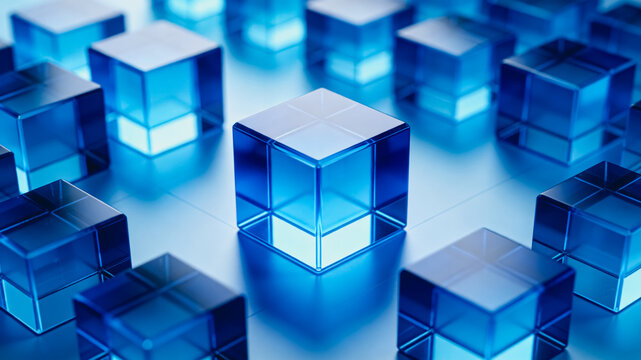 A set of transparent blue cubic objects arranged neatly on a smooth, reflective surface, representing digital or data-related concepts.