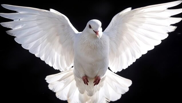 White dove flying with spread wings against black background. Close-up tracking shot.