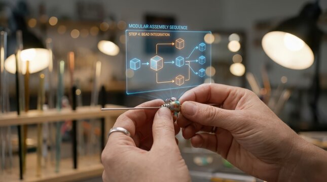 Holographic display showing modular assembly sequence with hands threading a bead