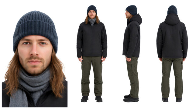 Winter outdoor gear character turnaround featuring 30 year old man wearing jacket and beanie cut out on transparent background