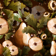 Seamless, botanical, autumn pattern. Delicious, juicy pears with acorns. Cider. Illustration for decoration. Wall wallpaper. © zezeland