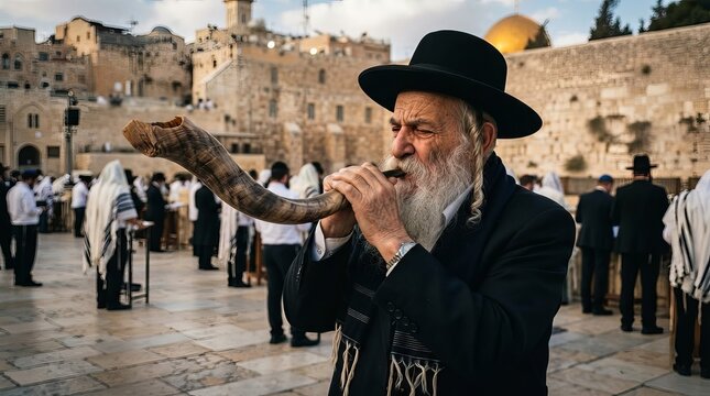 Elderly orthodox jewish man with gray beard and black hat blowing shofar horn at western wall in jerusalem. Religious tradition and prayer concept for rosh hashanah and yom kippur holidays in israel