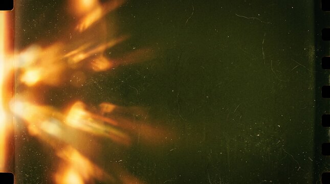 Retro 35mm film grain background with organic red-orange light leaks and distressed dust-and-scratch overlay effects.