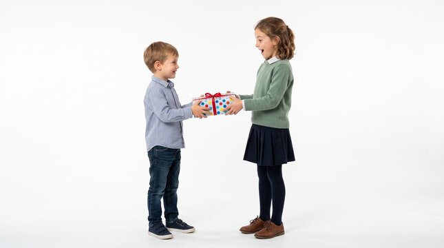 Young boy happily gives a wrapped gift to his excited sister on a white background