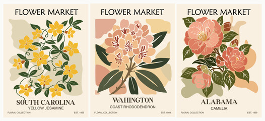 Naklejka premium Three vintage-style posters celebrate U.S. State flowers. Each features a distinct bloom with elegant, soft color palettes. Yellow flowers grace South Carolina poster with warm tones