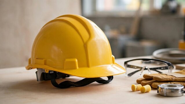 Yellow industrial hard hat on clean workbench with construction safety equipment
