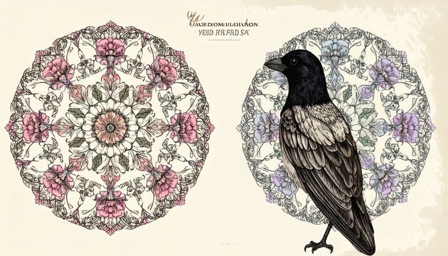 Black crow bird illustration with floral mandala circular patterns.