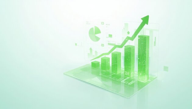 Glowing green financial growth bar chart with upward arrow and business analytics symbols green graph investment success economic trend market data profit increase statistics diagram business