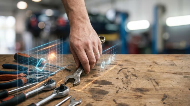 Hand using augmented reality to display online repair manual with tools on wooden surface