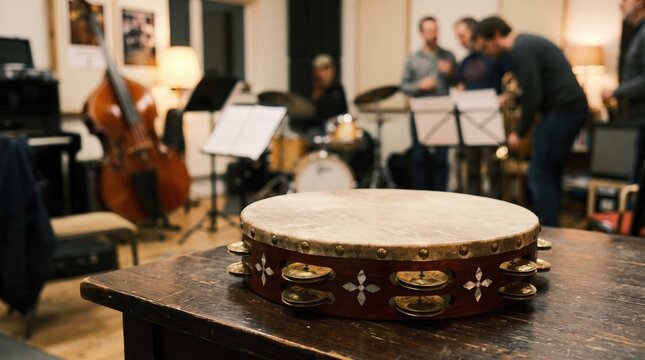 Tambourine with band practicing in studio