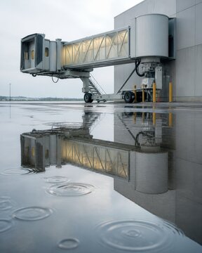 Airport Jet Bridge Maintenance Rain Reflection Of Passenger Boarding