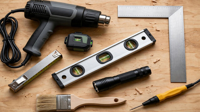 Heat gun, laser level, and hand tools arranged on workbench