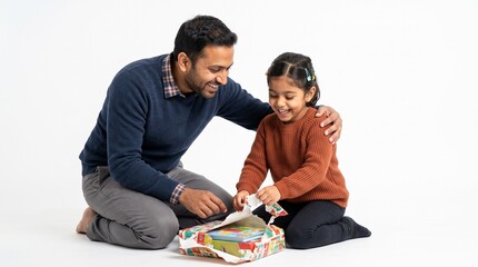 Fototapeta premium Father and daughter excitedly unwrap a birthday present together on a white background