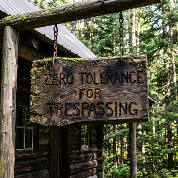 Rustic Wooden Sign Zero Tolerance For Trespassing at Cabin in Forest