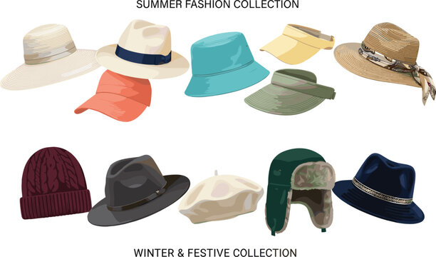 Seasonal Headwear Hat Vector Collection with Summer Sun Hats Bucket Hats Winter Beanie Beret and Trapper Hat Designs