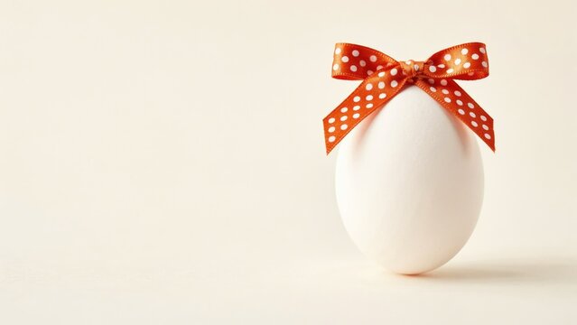 White egg with an orange polka dot ribbon bow, isolated on cream background