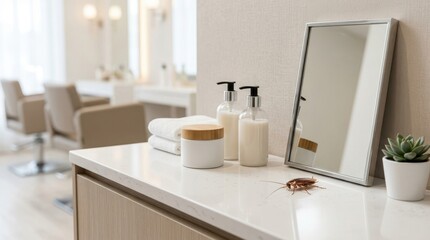 Fototapeta premium Cockroach on a white counter in a beauty salon. Pest control concept in commercial spaces