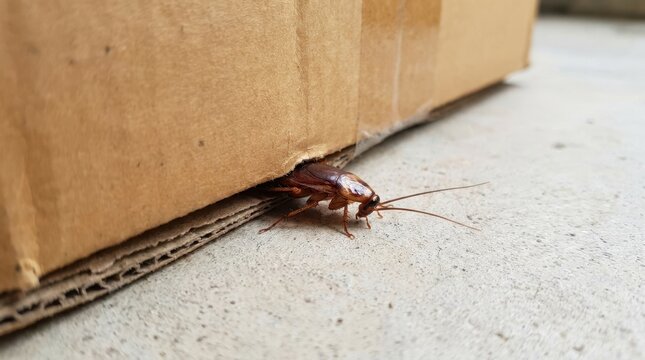 Brown cockroach emerging from under a corrugated cardboard box. Pest hiding on a concrete floor