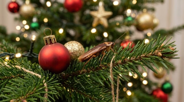 Cockroach resting on a Christmas tree branch next to a red ornament. Closeup of a pest insect on festive holiday decorations. Unwanted bug infestation concept