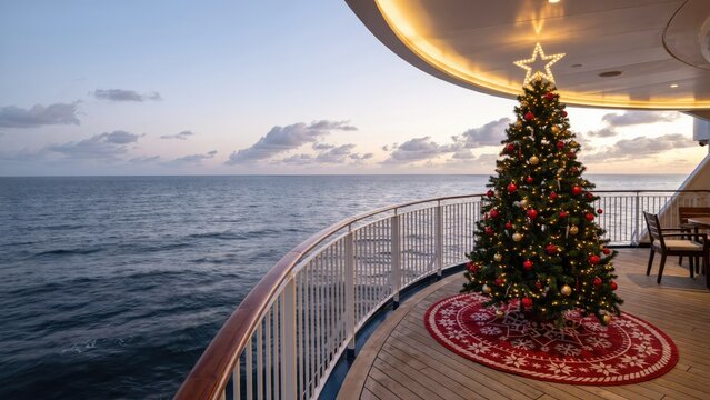 Decorated christmas tree on a cruise ship deck at sunset