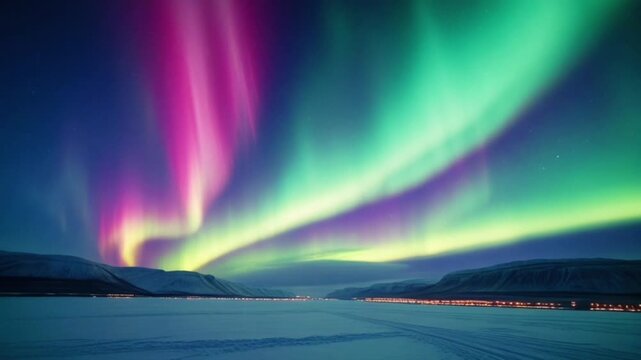 the Aurora Borealis (Northern Lights) phenomenon, radiating bright green and purplish-pink hues over the Arctic snowscape.