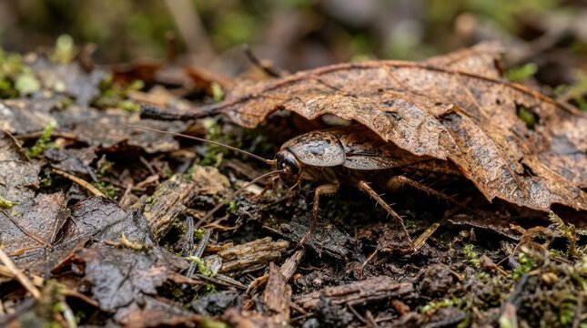 Macro photograph of a brown cockroach hiding under a dry leaf on the forest floor. Insect in its natural woodland habitat