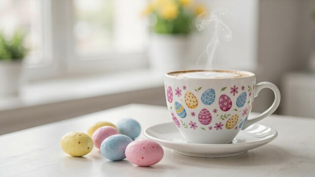 Steaming cup of coffee with easter egg pattern and pastel eggs on table
