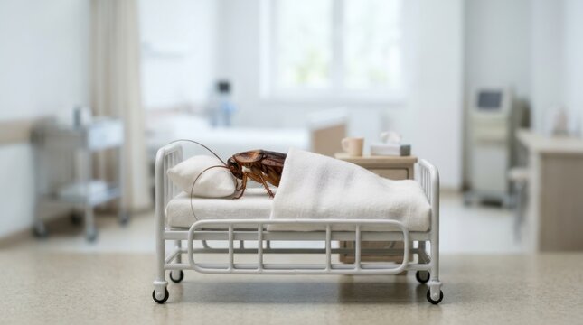 Surreal concept of giant cockroach as patient in miniature hospital bed. Pest infestation in healthcare facility
