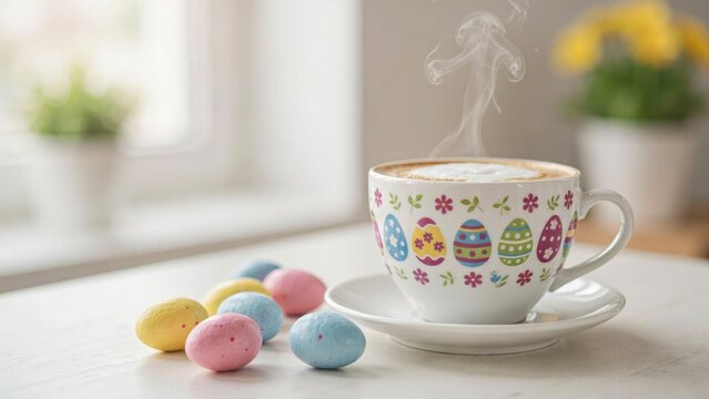 Steaming cup of coffee with easter egg pattern and colorful candy eggs