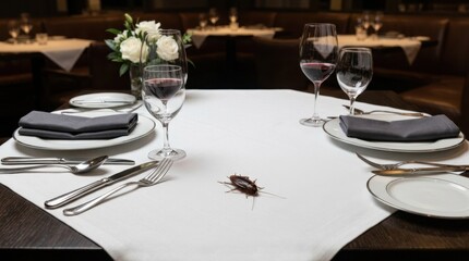 Fototapeta premium Cockroach on a white tablecloth in a restaurant. Unwanted dinner guest pest concept. Fine dining hygiene issue