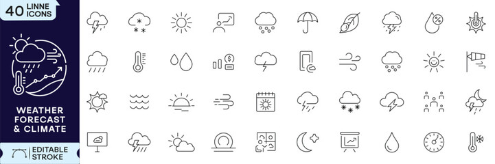 Obraz premium Weather forecast and climate line icon collection with storm, temperature, rainfall, wind, snow and seasonal meteorology symbols, Editable Stroke Vector Illustration