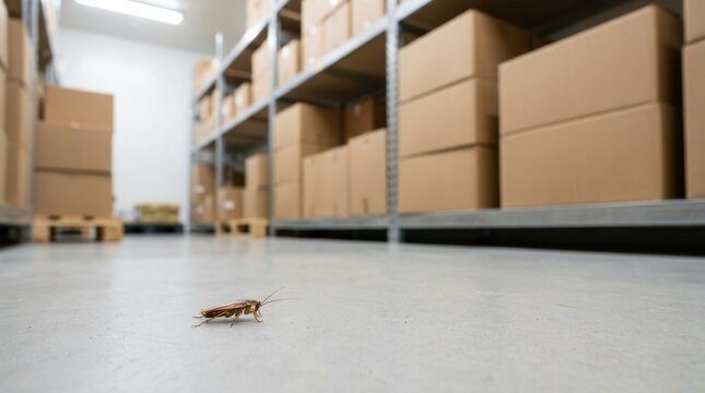 Cockroach crawling on the floor of a warehouse. Pest infestation in a supermarket backroom or storage facility