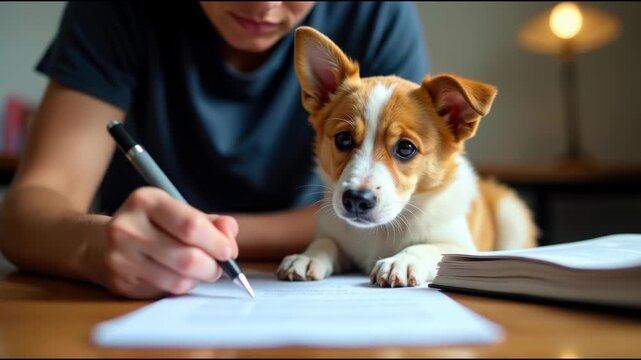 A dog sitting at a table with a pen and paper, taking notes