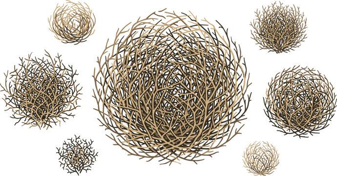 Dry desert tumbleweed vector set with various sizes of blowing rolling weed bushes for wild west landscape design elements