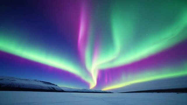 The aurora appears to dance beautifully across the night sky, displaying stunning color gradients that blend vibrant shades of green, purple, and glowing pink.