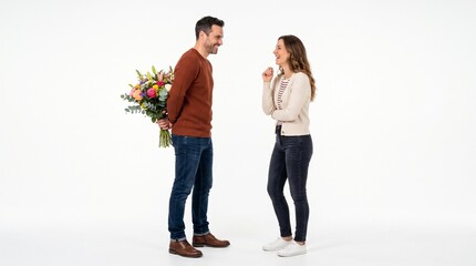 Obraz premium Man surprises woman with a beautiful bouquet of flowers behind his back