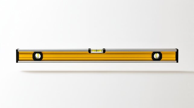 Yellow and silver spirit level tool lying on a flat white surface with construction tool carpentry tool measuring tool bubble level hand tool alignment tool building equipment