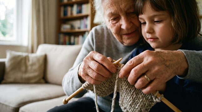 Grandmother teaching girl how to knit