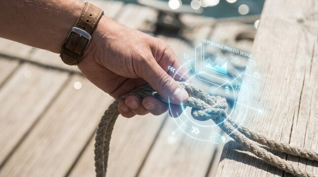 Person tying nautical rope with digital overlay of dependable process design concept