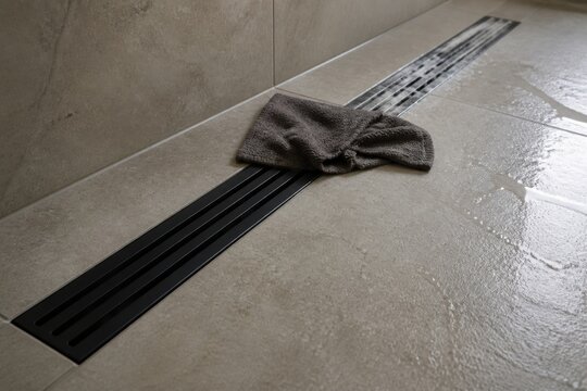 Matte black linear shower drain descaling process with damp cloth