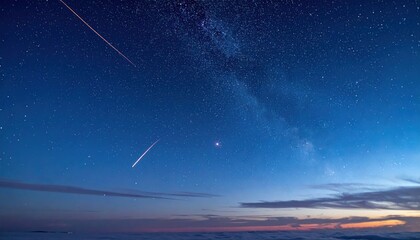 Fototapeta premium Stunning starry night sky with shooting stars and milky way galaxy at dawn.