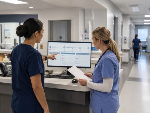 Two nurses collaborating at a hospital nursing station, reviewing electronic medical records and patient data on a computer display monitor