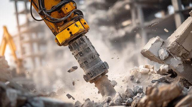 Powerful hydraulic breaker crushing concrete and rubble at a construction site, creating dust and flying debris. Industrial demolition machinery illustrates heavy engineering and infrastructure work.