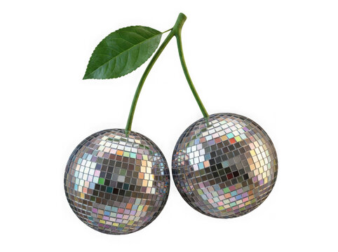 Two shiny silver glitter cherries with a green leaf isolated on a clean background isolated on transparent background