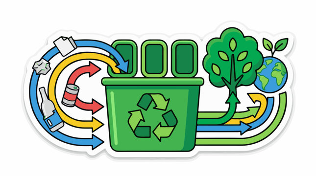 Recycling process illustration with trash bins tree and planet