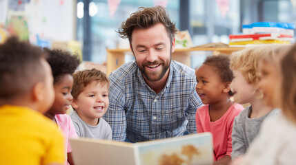 Fototapeta premium Smiling male teacher reading a book with a diverse group of young children in a bright classroom, representing early education, literacy, inclusion, learning, and positive classroom interaction.